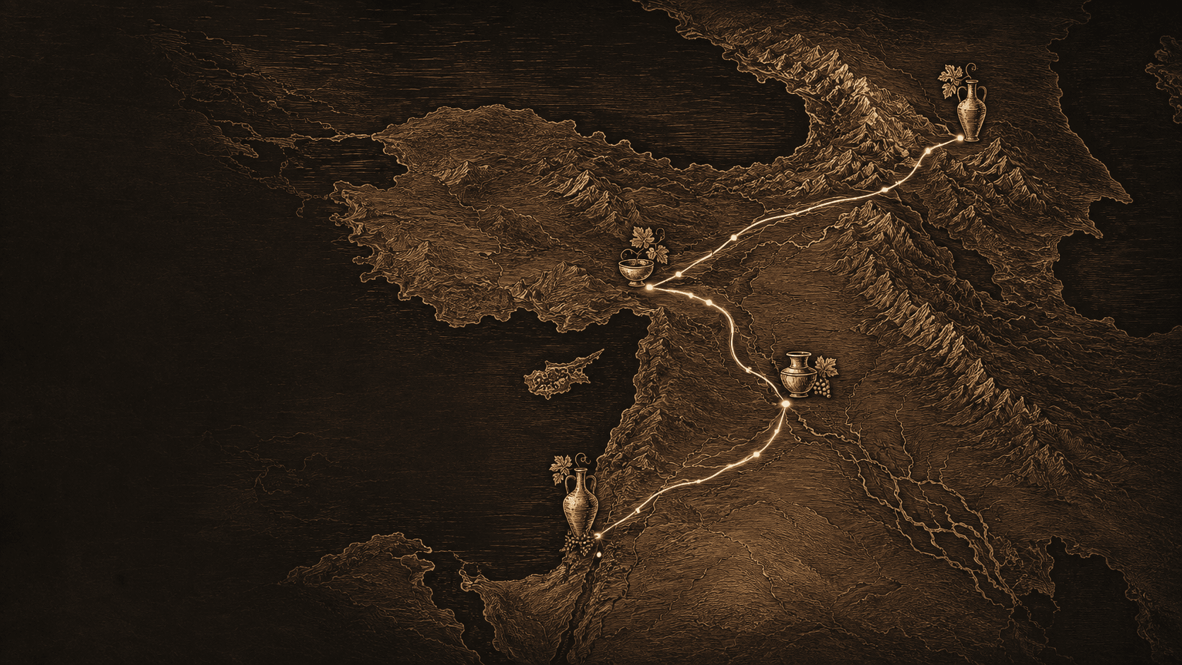 A relief map of the eastern Mediterranean and South Caucasus with routes traced between amphora waypoints.