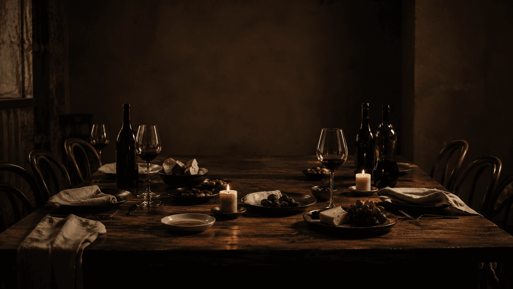 A long wooden table laid for a shared meal by candlelight.