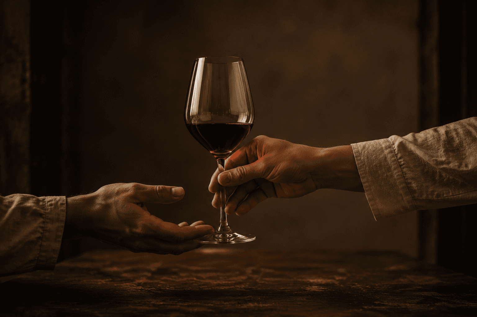 One person passing a glass of red wine to another across a table.